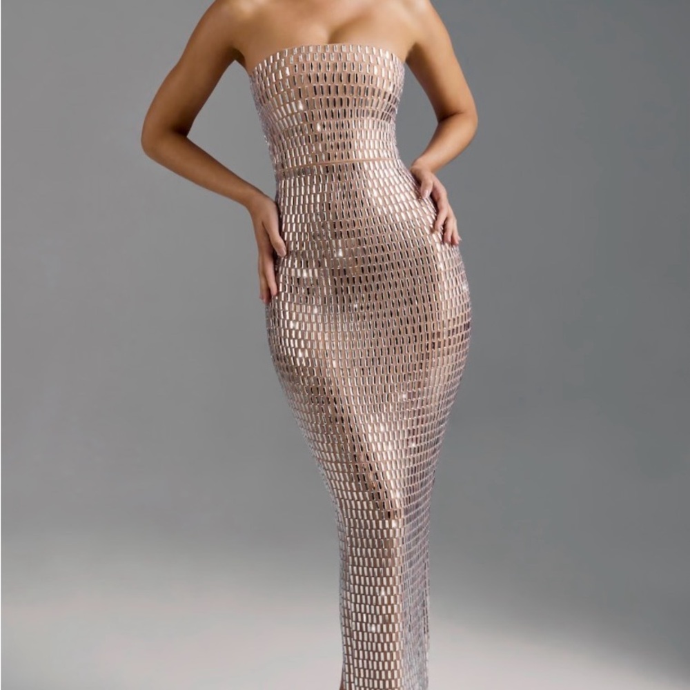 Oh Polly Amaya Embellished Bandeau Maxi Dress in Almond - 4